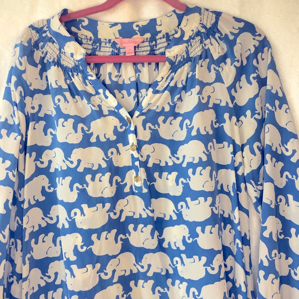 Lilly Pulitzer, Blue Elephant Silk Top Size L